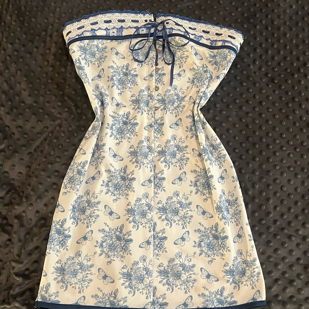 Blue and White Strapless Dress